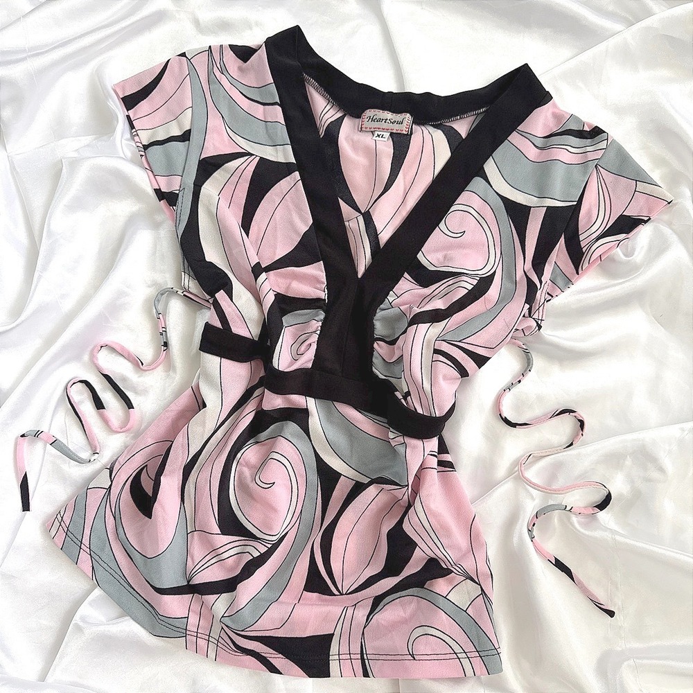 Heart Soul Pink Black Swirl Print Empire Waist V-Neck Top XL HJM21244